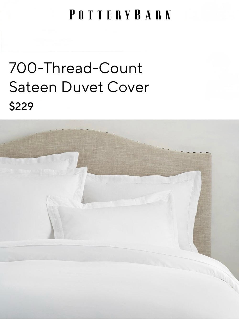 POTTERY BARN 700-Thread-Count Sateen Duvet Cover White